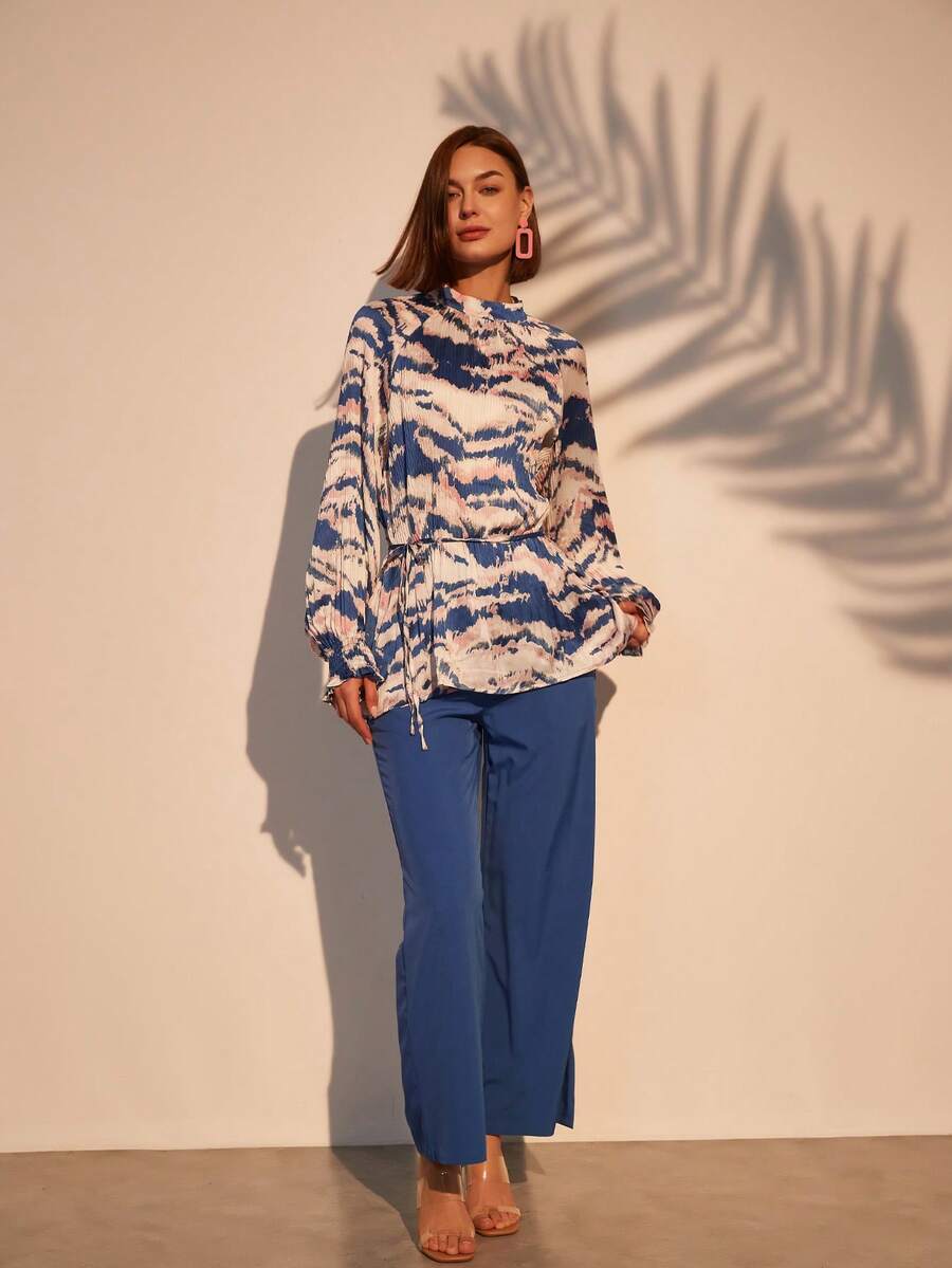 Plisse Top Matching Set Women Floral Print Top & Pants 2 Pieces Sets - Royal Blue - View 1