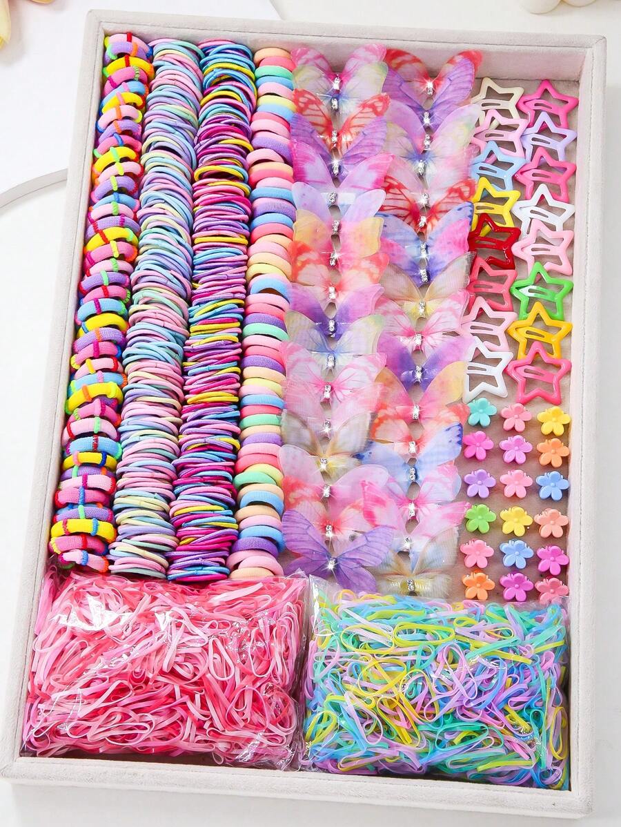 875pcs Set Colorful Mesh Butterfly Flower Simple Cute Princess Hair Accessories Clips Barrettes Scrunchies Elastic Hair Ties Ponytail Holders, Daily Use And Gift - Multicolor - View 1
