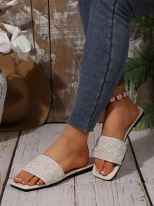 Women Plus Size Flat Sandals, Vacation Style, Casual Versatile Outdoor Rhinestone Decorated Slip-On Slippers