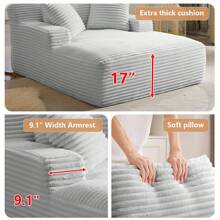 LUCKHAO 49.2" Oversized Chaise Lounge Chair, Comfy Corduroy Fabric Single Sofa Chair, Upholstered Reading Lounge Chair With Pillows For Living Room Or Bedroom, Frameless Design, Dark Grey - Màu Xám nhạt - Xem 4