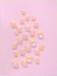 Bộ 24 dụng cụ làm móng hình vuông đính đá quý mùa hè, họa tiết chanh, bao gồm 1 dũa móng & 1 gel thạch - Phù hợp cho nữ và bé gái, móng tay giả kiểu chanh Pháp tươi mát - Nhiều màu - Xem 3