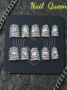 10pcs 100% Handmade New Duck Mouth Nail Enhancement Set Explosion Flash Rhinestone Nail Jewel Full Coverage Design Removable Reusable Nail Enhancement Unique Nail Enhancement Art Party Wedding Necessary Fashion Accessories Girl Gift Preferred Nail Enhancement Products Including Nail File Nail Gel