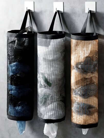 1pc Hanging Trash Bag Holder, Wall-Mounted Drawstring Shoe Storage Bag, Kitchen Plastic Bag Organizer, Woven Mesh Bag, Hanging Net Organizer For School Supplies, Back To School College Student Supplies