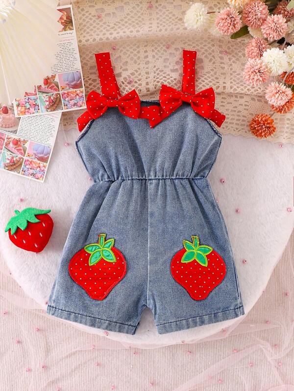Baby Girl 3D Strawberry, Bow Accent And Polka Dot Patchwork Denim Romper With Waistline