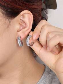 Nooxian 1 Đôi Hoa Tai Nữ - Hoa Tai Vòng Hình Chữ Nhật Đính Đá Cubic Zirconia Hình Chữ C Bằng Đồng, Phụ Kiện Cơ Bản Hàng Ngày - Bạc - Xem 2