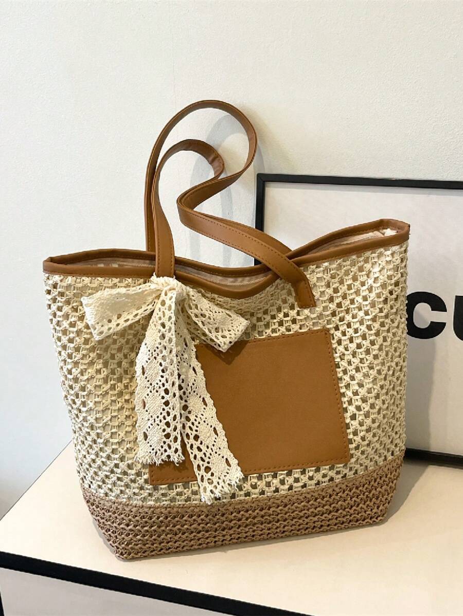 复古大容量镂空编织单肩手提包，适合度假、海滩、旅行 - 白色 - 查看 1