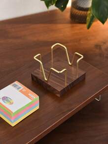 1/2pcs Desktop Self-Adhesive Memo Paper Organizer Holder With Business Card Rack, Black Walnut Simple Hollow Metal Memo Pad Holder