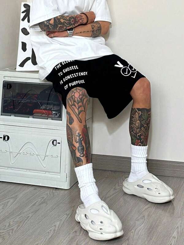 Shorts de malha estampada, solto, casual, com letras engraçadas americanas, versátil para o verão/outono