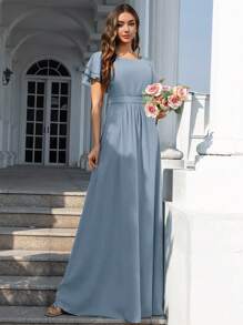 Volly Toych 优雅的浅蓝色伴娘礼服，飘逸的雪纺长裙，荷叶边短袖和垂褶圆领设计，适合度假或特殊场合，风格端庄得体。 - 霧霾藍 - 查看 5