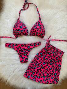 3 PIECE BIKINI SET TRIKINI WITH SHORTS - 粉紅美洲虎 - 查看 4