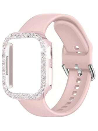 2pcs/Set Pink Soft Comfortable Silicone Watch Band With Shining Rhinestone Decor & Hollow Watch Case, Compatible With Apple Watch Strap 38/40/41/42/44/45/46/49mm, For Apple Watch Series Ultra/SE/11/10/9/8/7/6/5/4/3/2/1, Smartwatch Accessories