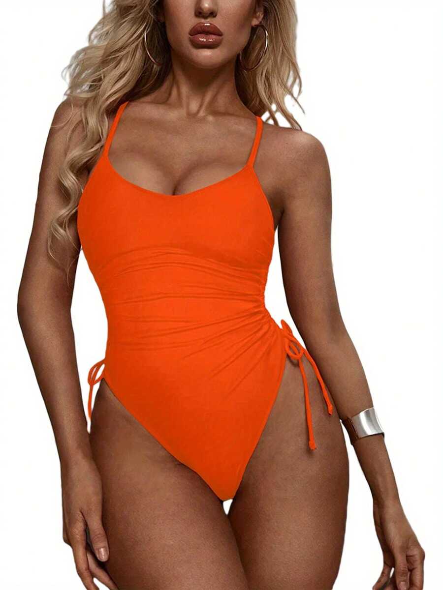 Women Casual Swimsuit, U-Shape Collar Sleeveless Pleated One-Piece, Army Green/ Orange/ Khaki/ Black - Orange - View 1