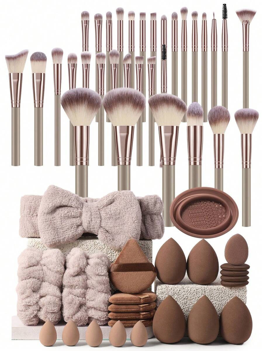 8/24/44/49/54/56PCS Makeup Tools Set Including:24PCS Makeup Brush Set+5PCS Makeup Sponges+5PCS Mini Makeup Sponges+5PCS Triangle Powder Puffs+5PCS Mini Air Cushion Powder Puffs+1pc Makeup Brush Cleaning Tools+1pc Hairband+2PCS Hand Bowl Strap - 彩色 - 查看 1