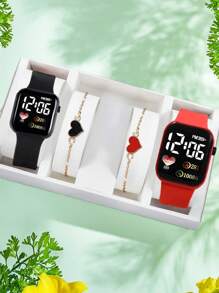 4 buc/Set - 2 buc ceasuri de desene animate cu inimă și cifre pătrate și 2 bucăți brățări în formă de inimă, Ziua Îndrăgostiților, Crăciun, Cadouri de absolvire, Cadouri pentru cupluri, Ceasuri pentru cuplu și set de brățări
