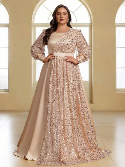 Elisanya Plus Size Formal Evening Dress, Elegant Sequin Satin Lantern Sleeve Round Neck Wedding Guest Dress, Party Dress,Gown