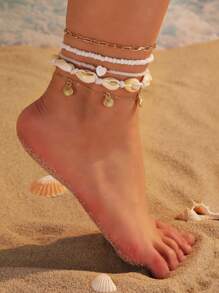 5pcs/Set Bohemian Shell, Starfish, Butterfly, Heart Pendant Anklet Set For Women