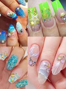 6 Grid 3D Nail Decoration Pendant Alloy Butterfly Shell Seahorse Starfish Pearl Ruby Color Round Beads 3D Metal Pendant Suitable For Nail Art Jewelry Making Technology DIY Nail Charms Nail Gems Nail Supplies