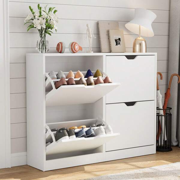 VOWNER Meuble à chaussures VOWNER à 4 compartiments, blanc, réglable, avec 8 étagères, 102 x 80 x 24 cm