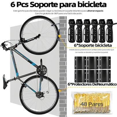 Soporte para Bicicleta Pared, 6 piezas Gancho para bicicleta pared,con espaciadores y tornillos, apto para bicicletas, bicicletas de montaña bicicletas de carretera, bicicletas plegables, etc.