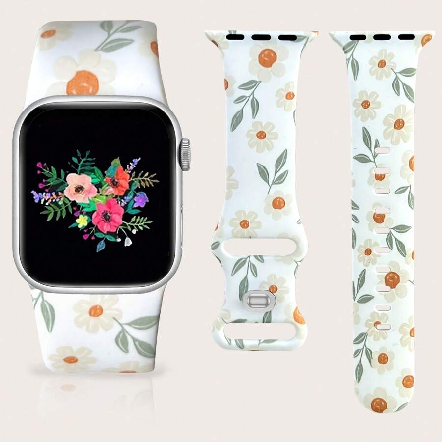 Sport Band Compatible With Apple Watch Bands 49mm 46mm 45mm 44mm 42mm 41mm 40mm 38mm Women, Silicone Floral Printed Fadeless Pattern Design Strap For Apple Watch Series 10,9,8,7,6,5,4,3,2,1,SE,Ultra