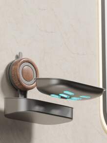1 Pc Creative Light Luxury Free Punching Sucker Wall Hanging Removable Stainless Steel Wood Grain Bathroom Soap Box, Hollow Drain, Load-Bearing Capacity, Convenient Bathroom Use, Easy To Take, Single And Double Optional, Double Layer Send A Sponge Brush