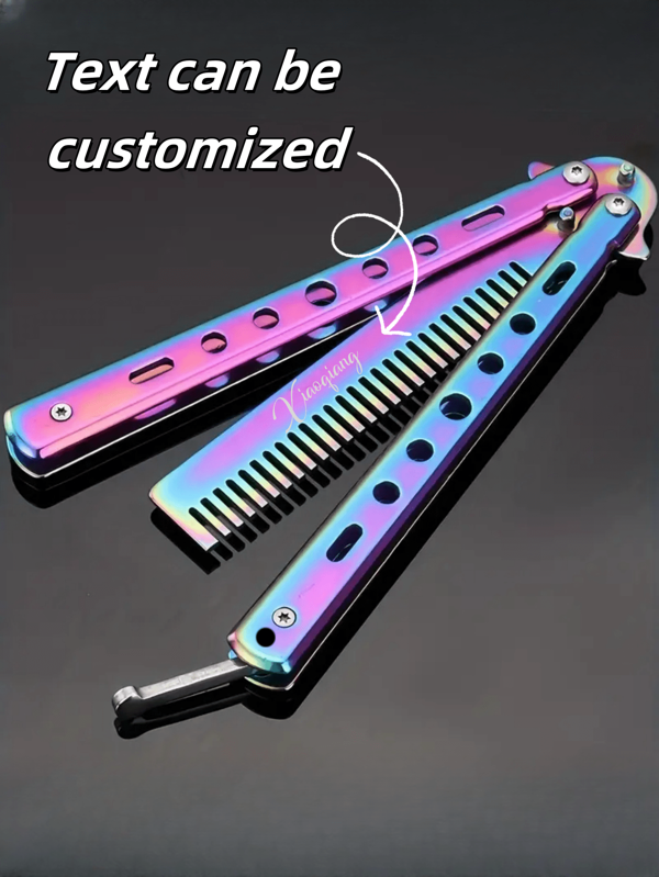 1 Set Coltello a farfalla personalizzabile, non affilato, in acciaio inossidabile, coltello pieghevole a farfalla per l'allenamento di arti marziali, con pettine a denti fini e guaina, spada da allenamento non tagliente - 1 pettine + 1 guaina, attrezzo da allenamento, il miglior regalo per i ragazzi che amano i coltelli a farfalla, l'allenamento senza lama non ferirà le mani, regalo per il Nuovo Anno, regalo per le vacanze, regalo di San Valentino, coltello giocattolo per adolescenti. Disponibile in più colori.