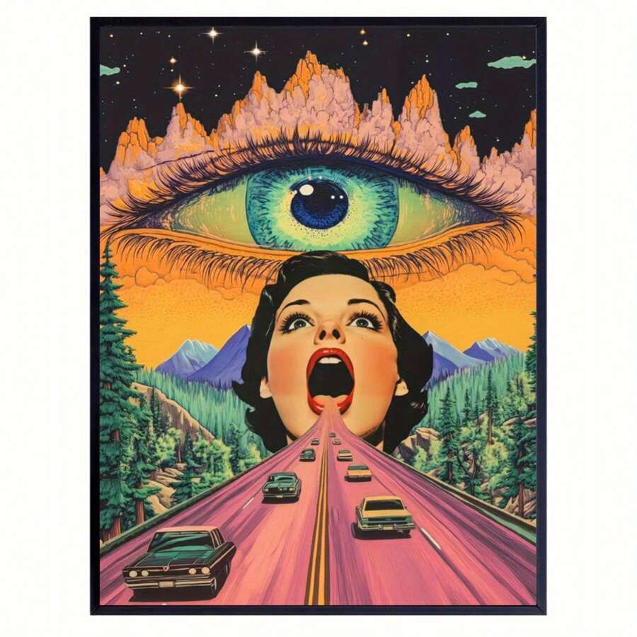 1 Stück dekorative hängende Malerei, gerahmtes dekoratives Gemälde, Poster, Wandkunst, Vintage Acid Highway Leinwandkunst, retro surreale Wanddekoration mit Allsehendem Auge, perfekt für Wohnzimmer, Schlafzimmer, Büro Zuhause