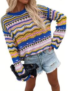 Women Loose Style Sweater, Variegated Color Long Flared Sleeves Round Collar Knitwear, S/ M/ L/ XL - 白色 - 查看 3