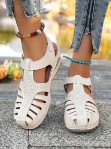 European & American Style Women Sports Sandals, Hollow Mid Heel Wedge Platform Hook And Loop Roman Shoes, Fashionable