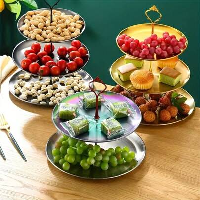 1pc Tiered Dessert Stand - Multi-Tiered Design, Stainless Steel, Elegant - Perfect For Wedding, Birthday, Tea Party, Fruit Plate, Snack Pastry Tray In Golden Or Silvery Finish