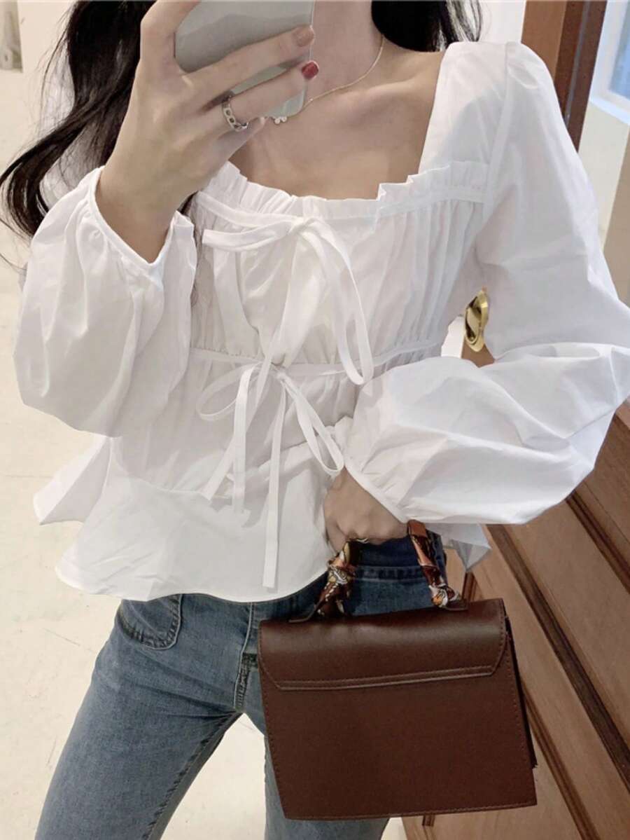2025 春季新款时尚女式优雅少女泡泡袖方领衬衫设计，带荷叶边和蝴蝶结 - 白色 - 查看 1