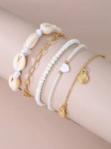 5pcs/Set Bohemian Shell, Starfish, Butterfly, Heart Pendant Anklet Set For Women