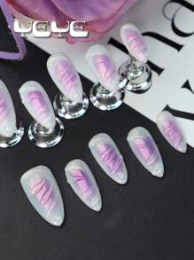Y2K Elevate Your Style With 10pcs Almond Handmade Elegant Mermaid Romantic Light Purple Boho Full Cover Fake Nails Set Korea Style Gradient Purple Vanity 3d Three-Dimensional Decoration Shell Line Elegant Full Coverage Acrylic Press On Nails Kit For Women And Girls Daily & 1pc Mini Nail File & 1 Sheet Adhesive Tabs