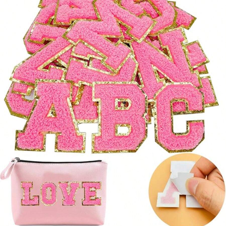 Adhesive Letters With Letter Patches, Hot Stamping Letters On Clothes, 26 School Team Blurry Patch Glitter Sticks - Hot Pink - View 1