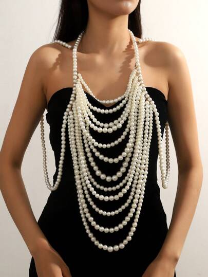 1pc Delicate Handcrafted Multi-Layer Faux Pearl Tassel Body Chain, Elegant Luxury Fashion Accessory For Wedding, Party, Evening Dress, Adjustable Length Women Jewelry