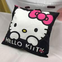 Sanrio 1 pezzo federa decorativa per cuscino Sanrio Kuromi Hello Kitty, design cartone animato minimalista con sfondo nero e motivo a lettera a forma di testa di gatto, morbida e rimovibile per divano, auto, camera da letto, soggiorno, dimensioni 40x40cm, 45x45cm, 50x50cm (cuscino interno non incluso, stampa su un lato)