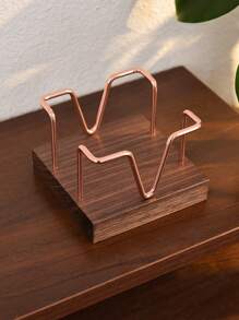 1/2pcs Desktop Self-Adhesive Memo Paper Organizer Holder With Business Card Rack, Black Walnut Simple Hollow Metal Memo Pad Holder