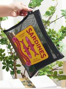 Mesh Large-Capacity Portable Cosmetic Bag With Cartoon Pattern, College Style Charger Storage Bag, Air Cushion Storage Portable Storage Bag, Cosmetic Bag, Cosmetic Storage Bag, Skin Care Product Bag, Travel Essentials, Dormitory Supplies