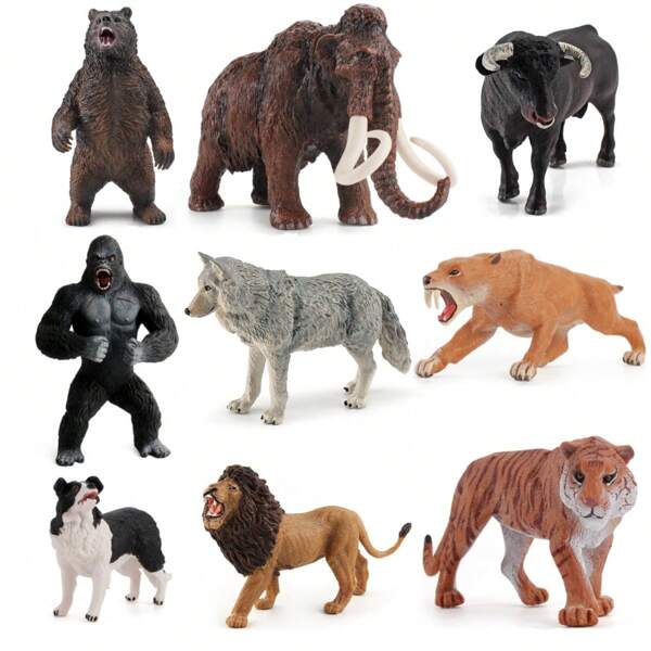 Figuras decorativas realistas del mundo animal: Tigre, Smilodon, Mamut lanudo, Perro ovejero, Lobo, Oso pardo, Toro, León - Adornos coleccionables