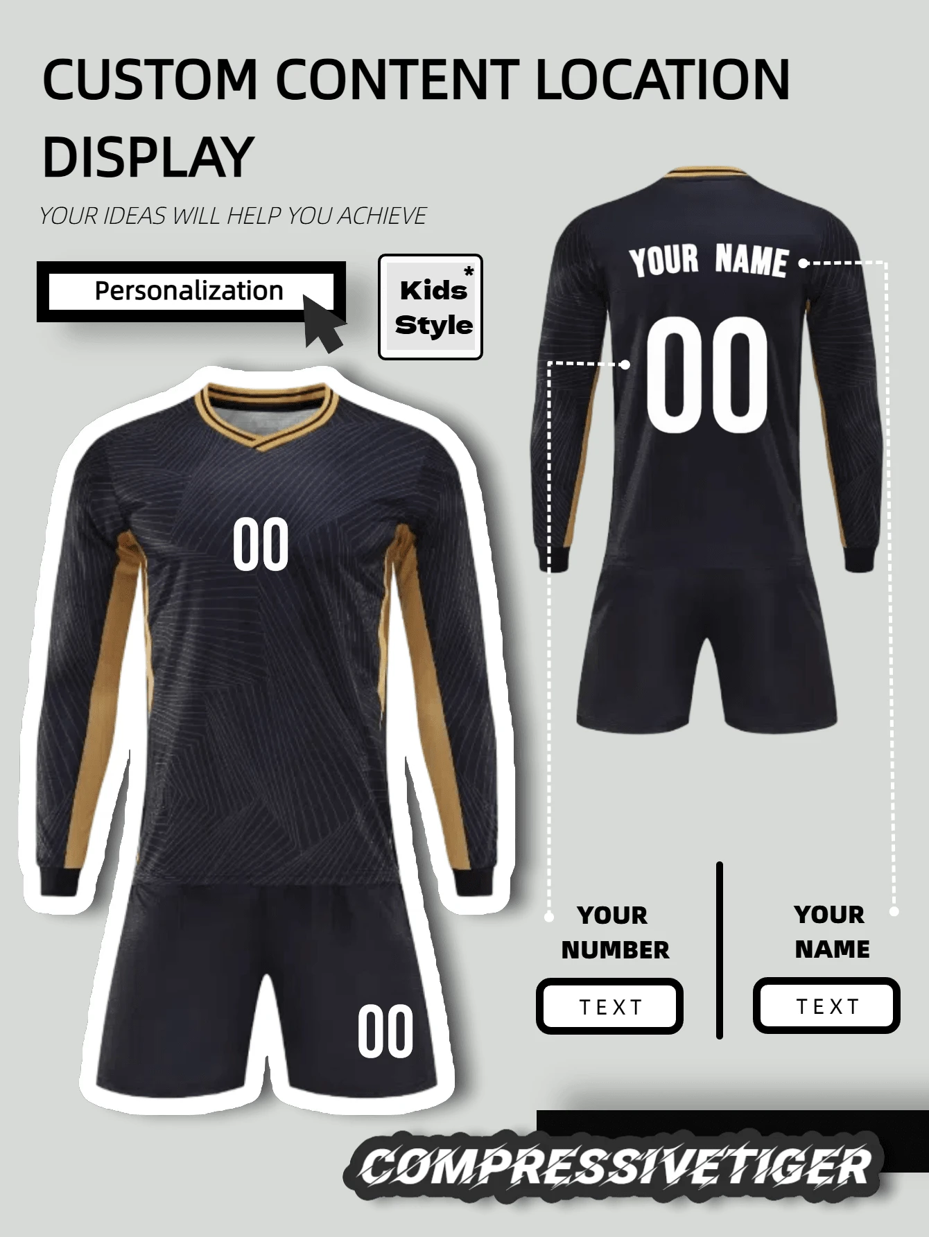 2pcs Boy's Personalized Soccer Jersey - Customizable Name And Number Print Stripe Decor Long Sleeve Tottenham T-Shirt + Long Co-Ord Quick-Drying Sweat-Absorbing Sports Set As Gift, Halloween, Thanksgiving, Christmas And New Year Gifts - Black - View 1