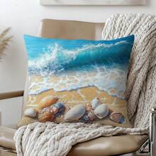 1 pieza Funda de almohada decorativa con diseño de conchas marinas de verano y playa, impresión unilateral en tela suave de melocotón, tamaño 45*45CM, adecuada para decoración interior, fiestas y regalos