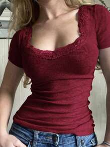 Y2K Women's T-Shirt Solid Color Slim Sexy Short Sleeve Lace Lace Top