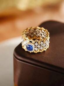 1pc S925 Sterling Silver Retro Elegant Luxury Palace-Style Hollow Lace Blue Zirconia Crystal Ring, Versatile, Suitable For Women Daily Wear, Holidays, Parties, Jewelry Gift