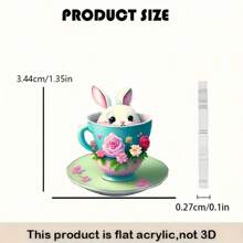 1 par de pendientes de conejo 2D de acrílico lindos con gancho de acero inoxidable, diseño de conejito tímido con taza de té con flores, adecuado para Pascua, aniversario, cumpleaños, Navidad, Día de San Valentín, Día de la Madre, Año Nuevo, regalo de invierno para damas, accesorios de conejo