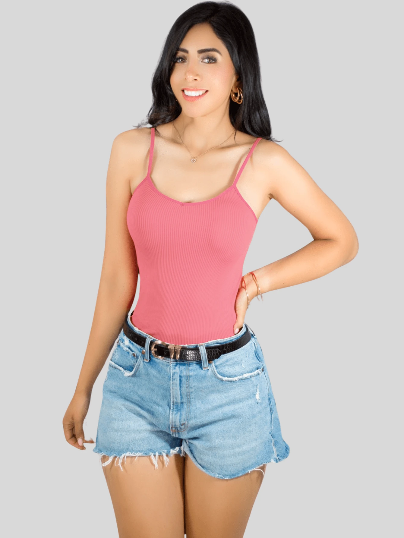 Women's Tank Top Blouse Ribbed Straps Plain Print Basic Crop Top In Various Colors - 藕粉色 - 查看 1