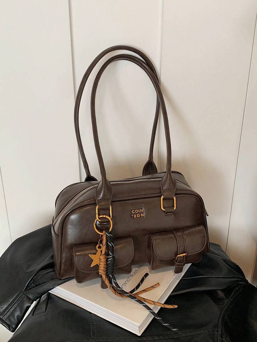 Tecido à Prova d'Água de Cor Sólida PU Estilo Palhaço Clássico, Design Decorativo com Gráfico de Letras, Bolsa de Casca com Vários Bolsos, Bolsa de Ombro, Bolsa de Axila, Design Decorativo de Pingente, Adequado para Viagem, Compras, Transporte, Festa, Encontro e Uso no Ano Novo