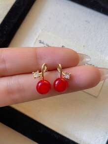 1 Pair Elegant Minimalist Cherry & Bean Pearl Inlaid Earrings, Suitable For Women's Everyday, Festival, And Banquet Wear