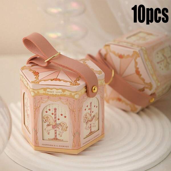 10pcs Carousel Print Candy Gift Boxes, Handheld Style Wedding Favor Boxes, Party Holiday Gift Packaging Bags, Candy Packaging Supplies