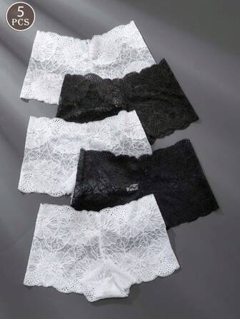 5pcs/Pack Women's Multicolor Lace Tummy Control Low Waist Sexy Lace Panties