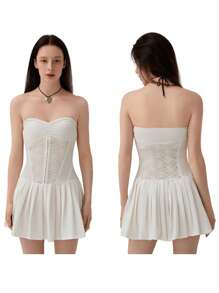 Women's Tube Top Dress Sleeveless Off Shoulder Front Ruched Lace Embroidery Backless Pleated Mini Dress For Party Club